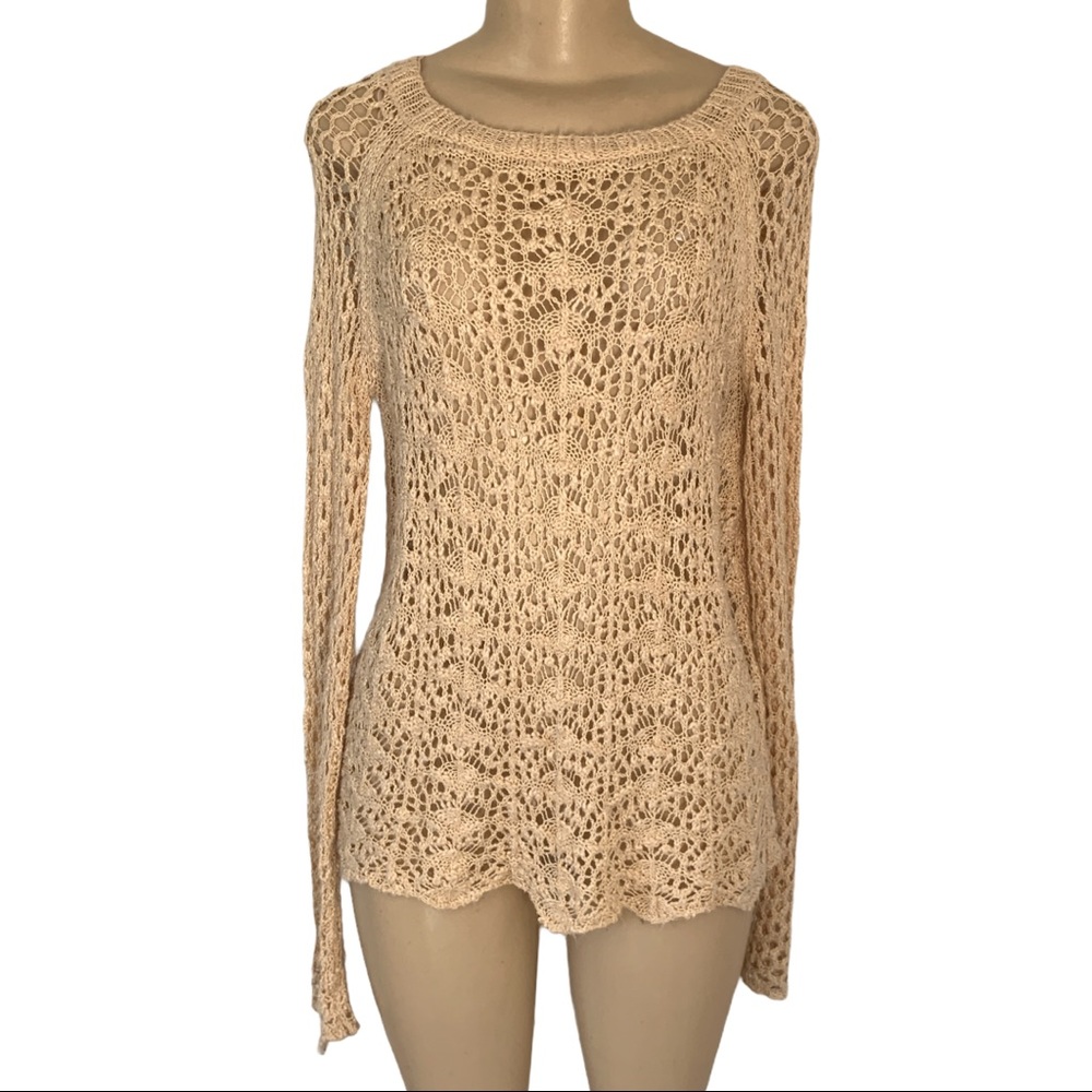 5/$25 Costa Blanca LS Open Weave Crocheted Sheer Sweater Summer Top